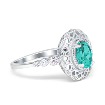 Oval Vintage Art Deco Halo Wedding Engagement Bridal Ring Round Simulated Paraiba Tourmaline CZ 925 Sterling Silver